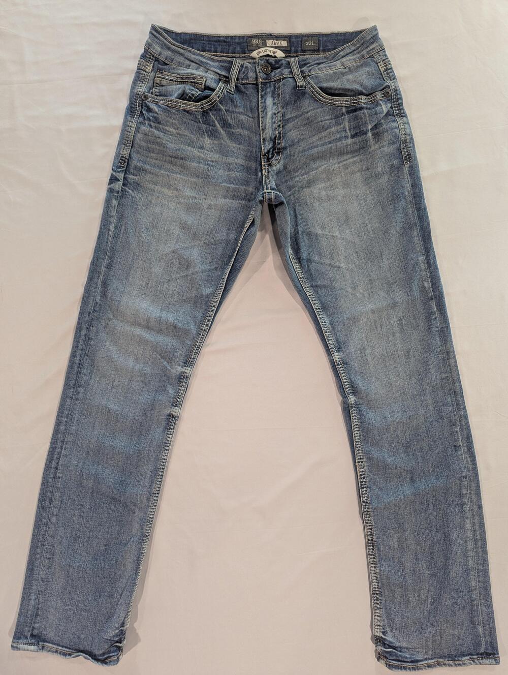BKE Jake Jeans Mens 32x33 Blue Light Wash Straight Leg Embroidered Denim